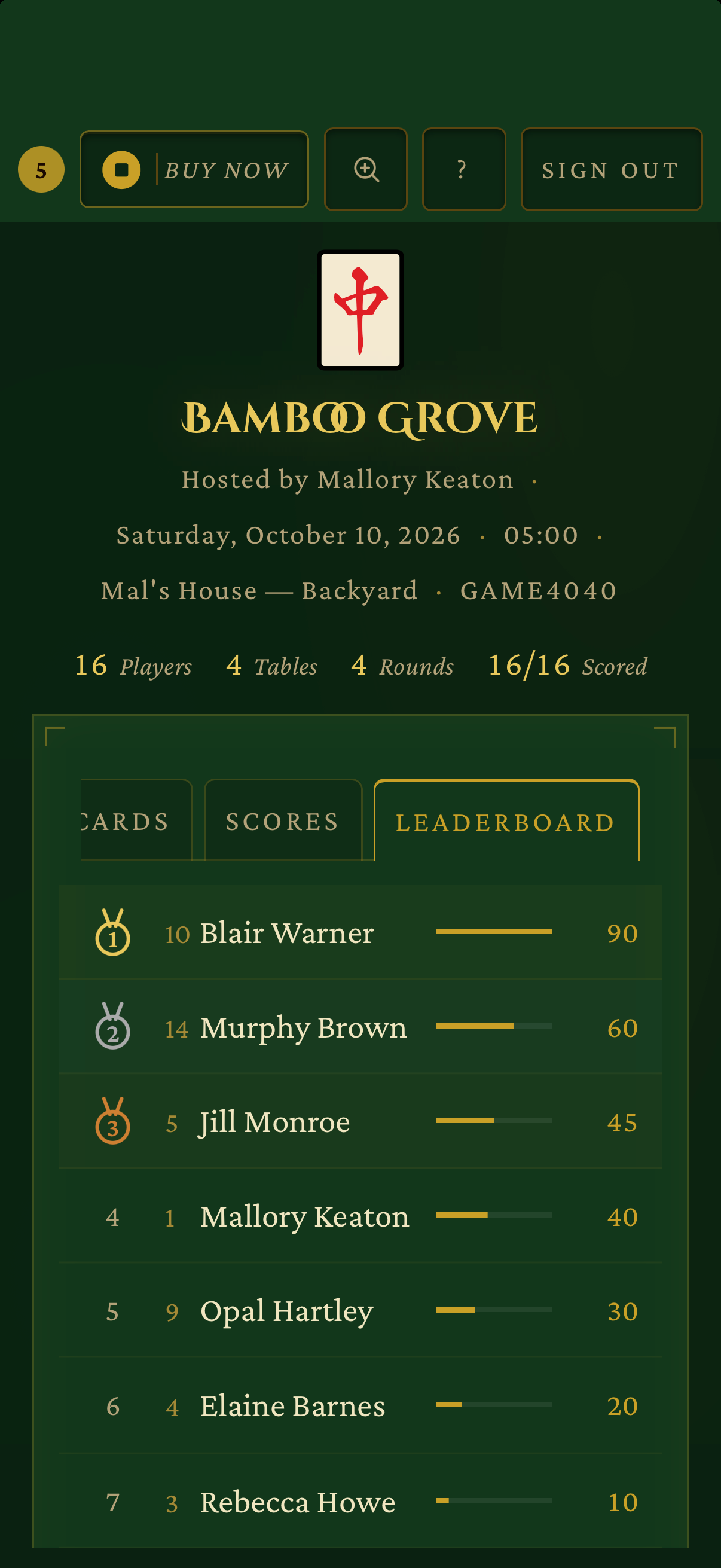 Leaderboard screen from a Bamboo Grove event in the RSVP Mah Jongg app